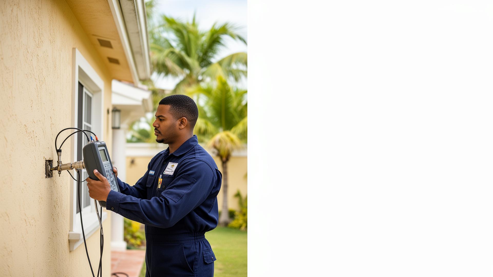 Technician performing leak detection on a residential home in Dorado, Puerto Rico