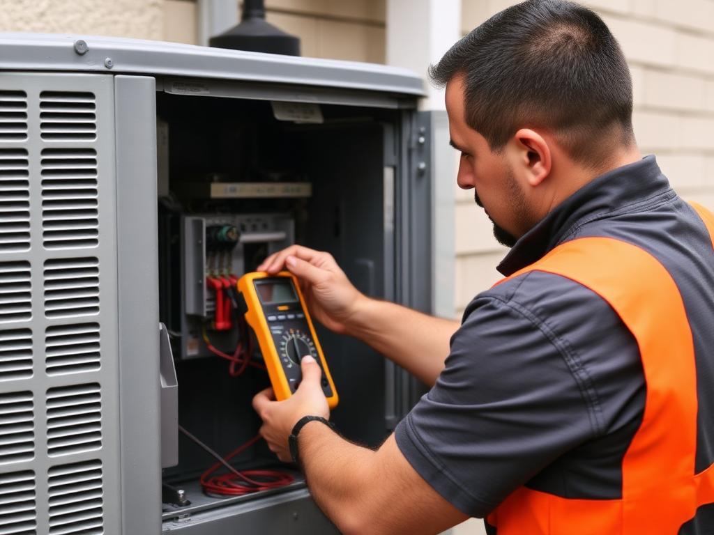 HVAC technician servicing AC condenser