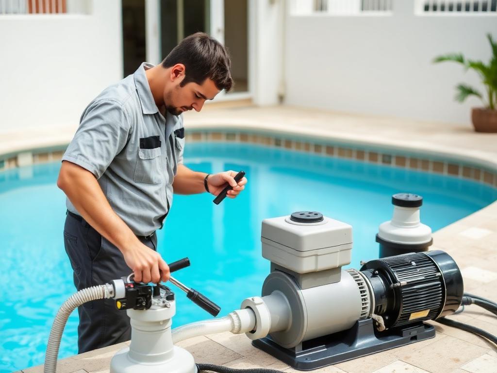 Pool service technician working on pump